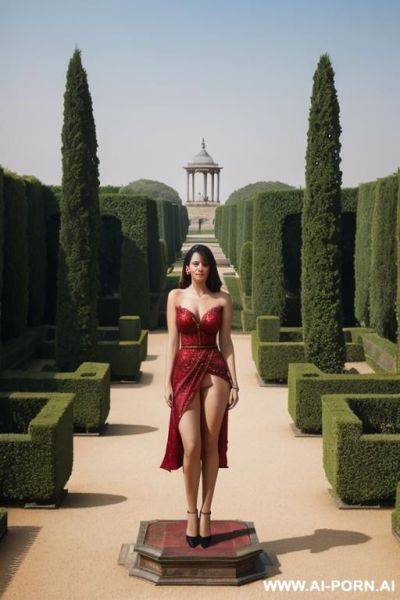 Woman in palace garden standing on pedestal - ai-porn.ai on pornintellect.com