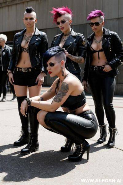 Punk woman, mohawk squatting next to group of people - ai-porn.ai on pornintellect.com