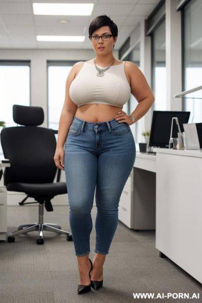 Chubby woman, hourglass figure, short silver hair, big boobs, tight short jeans, high heels, crop top, camera full body view, office, eyeglasses, - ai-porn.ai on pornintellect.com