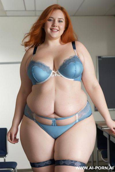 Full body photo shot, about at classroom, ((((obese)))) fat bbw curvy teacher, wearing a sexy and hot micro lightblue garter belt lingerie and topless, (((dynamic angle photo))) - ai-porn.ai on pornintellect.com