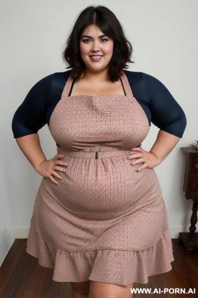 Very tan, mexican, gorgeous supermodel, tight clothes, pear shaped, wearing red apron, wide hips, bbw, big thighs, extra thicc, big blue eyes, sun dress, heavy make up, face - ai-porn.ai - Mexico on pornintellect.com