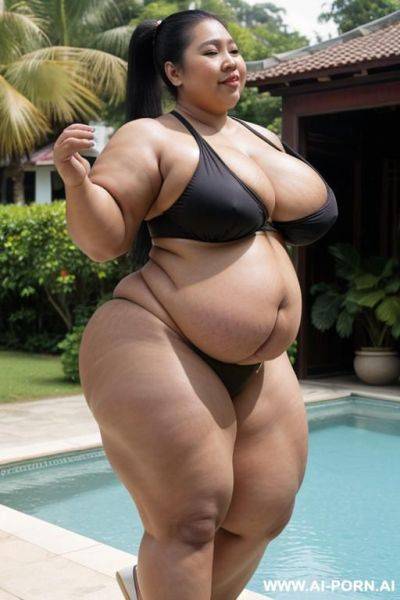 Vietnamese, black hair, ponytail, happy, boobs, breasts, topless, panties, tits, standing, pool, (((huge massive gigantic obese bulked up thighs))) - ai-porn.ai - Vietnam on pornintellect.com