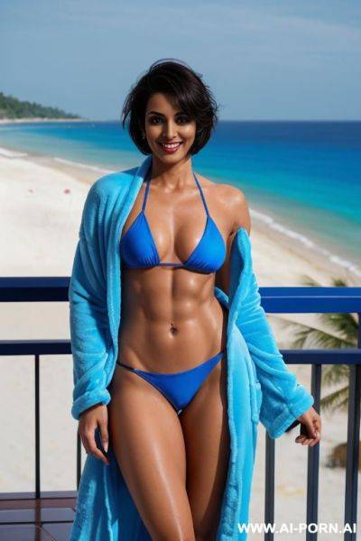Indian, short hair, fit, abs, muscular arms, big ass, tall, long legs, navel piercing, blue bikini, blue bath robe, looking at camera, full body, stiletto, beach resort balcony - ai-porn.ai - India on pornintellect.com