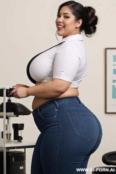 Mexican, extremely plump, hourglass figure, inside pod, hooked up to intravenous, wide hips, lab, wearing oculus rift, side angle, tight high rise jeans, white shirt - ai-porn.ai - Mexico on pornintellect.com