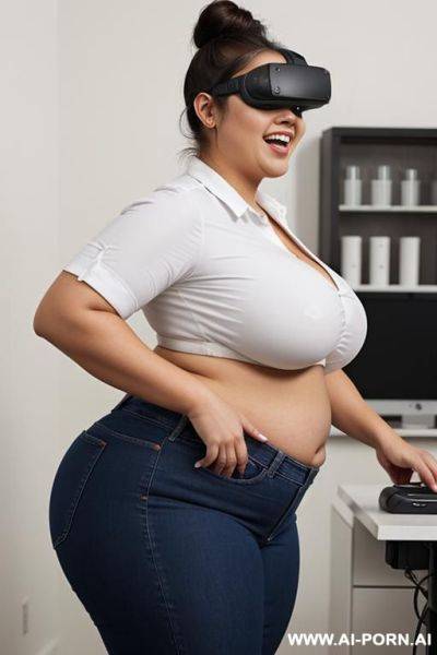 Mexican, extremely plump, pear shaped figure, inside pod, hooked up to intravenous, wide hips, lab, wearing oculus rift, side angle, tight high rise jeans, white shirt - ai-porn.ai - Mexico on pornintellect.com