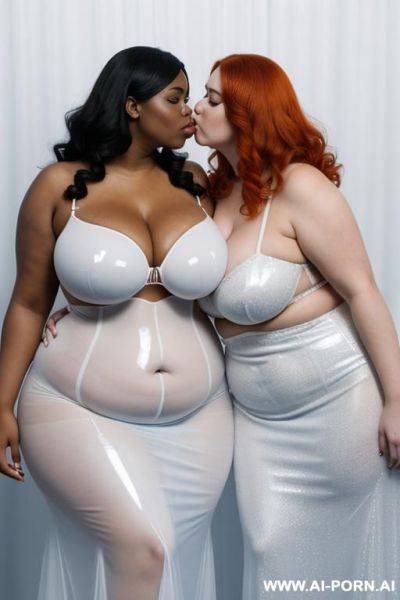 A white obese fat woman with gigantic huge boobs, ginger hair, in transparent blue latex ballgown kissing a ebony obese fat woman with gigantic huge boobs, white hair, in transparent white latex ballgown. - ai-porn.ai on pornintellect.com