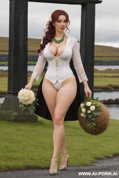 Mature, milf, perfect hourglass figure, eye contact, looking into camera, necklace, earrings, stilettos, holding a long stem rose, wearing flowers, walking, showing off boobs, black hair - ai-porn.ai on pornintellect.com