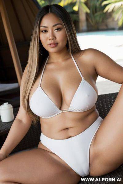 Chubby shorty filipina milf. she has blonde highlights in her extremely long straight hair she is looking at the viewer. the woman is happy. the woman has teardrop shaped breasts. the woman - ai-porn.ai on pornintellect.com