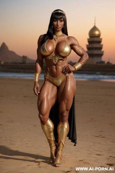 Busty black muscular woman toned with gigantic breast implants. gold tall lace high heels. (big bell shaped boobs). gold choker, earrings, ankle chain, thigh chain. oiled. punk hairstyle. no bra. - ai-porn.ai on pornintellect.com