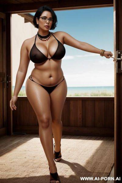 Tom woman, with big boobs, short hair, wearing glasses, topless, with cum on her chest, chubby, - ai-porn.ai on pornintellect.com