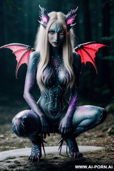 Extremely tall supermodel cutie, slender, skiny, completely naked, super long legs, ((very long hair)), goddess of light, ((whole body covered in light)), dark forest, epic, fantasy glowing wings, - ai-porn.ai on pornintellect.com