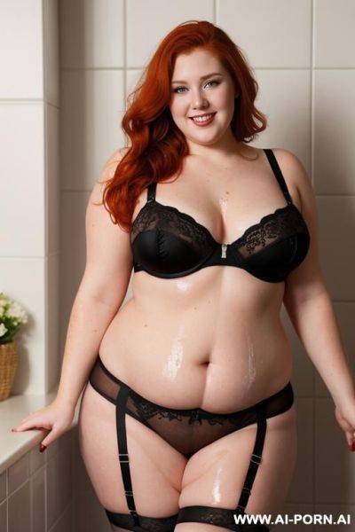 Half-length photo, as a setting in the laundry area, a fat chubby fat thick and bbw redhead british, she is washing clothes and is soaked in foamy water. she has lovehandless and a soft - ai-porn.ai - Britain on pornintellect.com