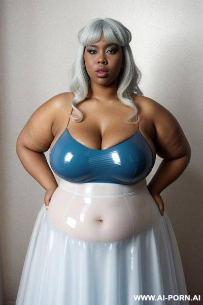 A white obese fat woman with gigantic huge boobs, ginger hair, in transparent blue latex ballgown kissing a ebony obese fat woman with gigantic huge boobs, white hair, in transparent white latex ballgown. - ai-porn.ai on pornintellect.com