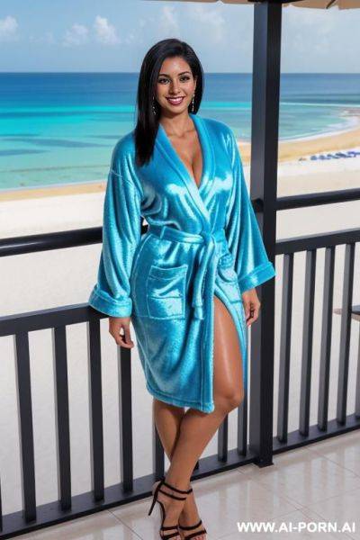Indian, short hair, fit, abs, muscular arms, big ass, tall, long legs, navel piercing, blue bath robe, looking at camera, full body, stiletto, beach resort balcony - ai-porn.ai - India on pornintellect.com