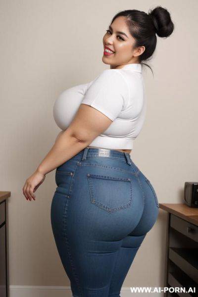 Mexican, extremely plump, pear shaped figure, inside pod, hooked up to intravenous, wide hips, lab, wearing oculus rift, side angle, tight high rise jeans, white shirt - ai-porn.ai - Mexico on pornintellect.com
