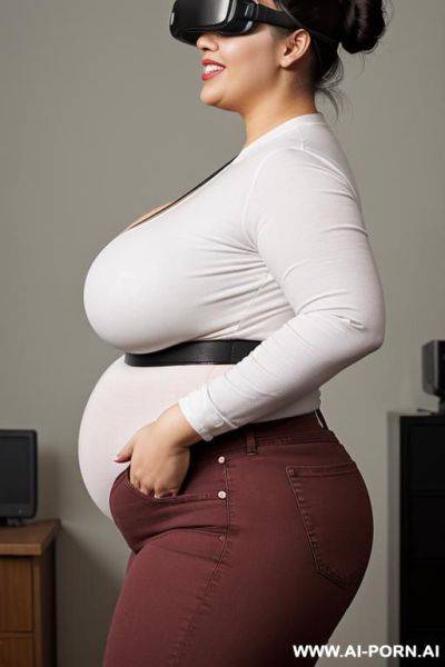 Mexican, extremely plump, hourglass figure, inside pod, hooked up to intravenous, wide hips, lab, wearing oculus rift, side angle, tight high rise jeans, white shirt - ai-porn.ai - Mexico on pornintellect.com
