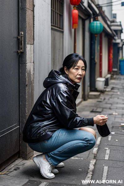 Poor chinese mature woman squatting in alley, outdoorjacket, jeans, side-view - ai-porn.ai - China on pornintellect.com