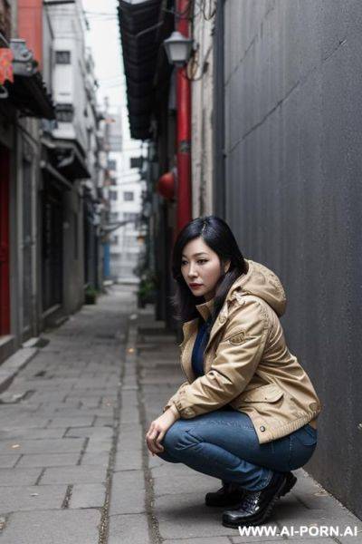 Chinese mature woman squatting in alley, outdoorjacket, jeans, side-view - ai-porn.ai - China on pornintellect.com