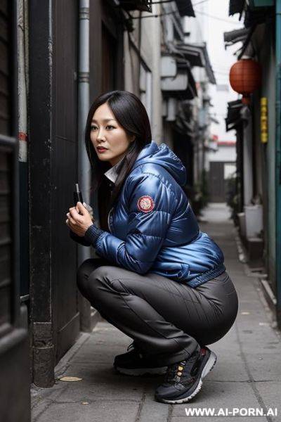 Chinese milf woman squatting in alley, outdoorjacket, pants, side-view - ai-porn.ai - China on pornintellect.com