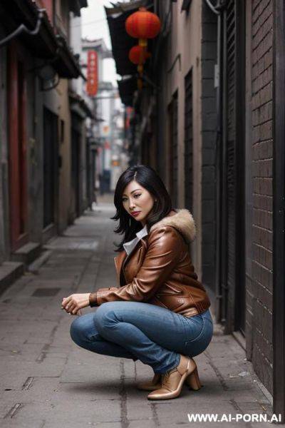 Chinese milf woman squatting in alley, brown jacket, jeans, side-view - ai-porn.ai - China on pornintellect.com