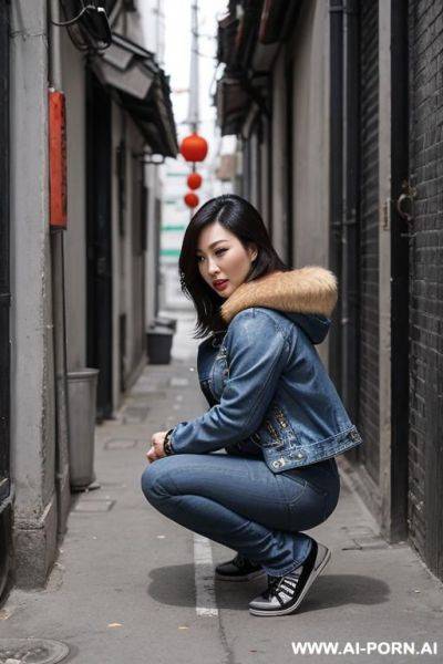 Chinese milf woman squatting in alley, jacket, jeans, side-view - ai-porn.ai - China on pornintellect.com
