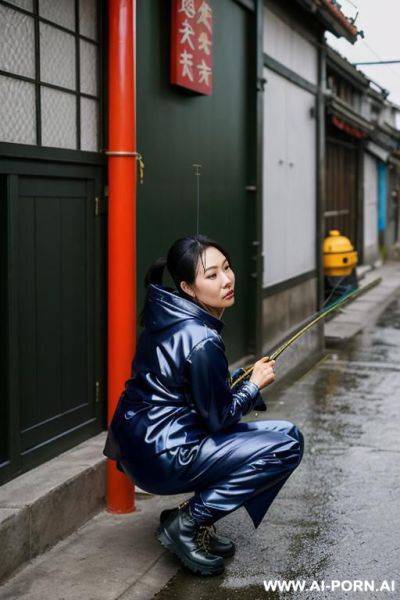 Chinese milf woman squatting in alley, jacket, pants, side-view - ai-porn.ai - China on pornintellect.com