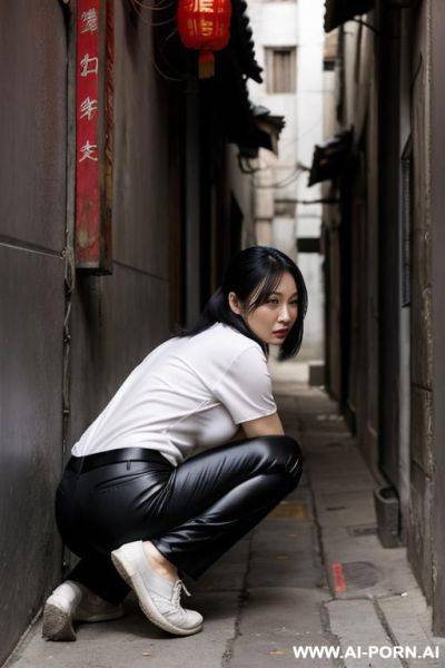 Crouching in alley, shirt, pants - ai-porn.ai on pornintellect.com