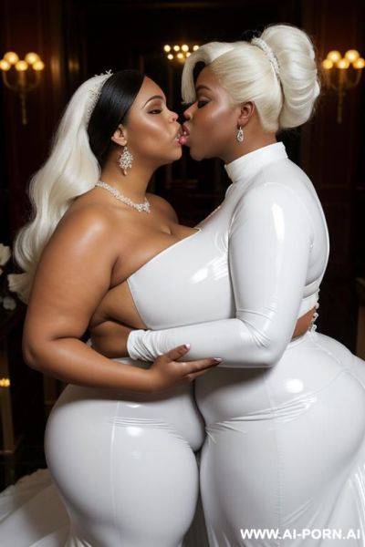 A white obese fat woman with gigantic huge boobs, ginger hair, in white latex ball gown kissing a ebony obese fat woman with gigantic huge boobs, white hair, in white latex bridedress. - ai-porn.ai on pornintellect.com