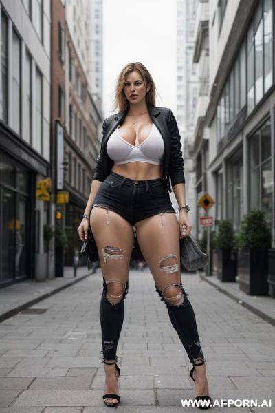 Full body view. extremely tall english growing giantess bursting through her ripped shrunken clothes. bulging out of clothes that are shrunken and falling apart. smashing through the city - ai-porn.ai - Britain on pornintellect.com