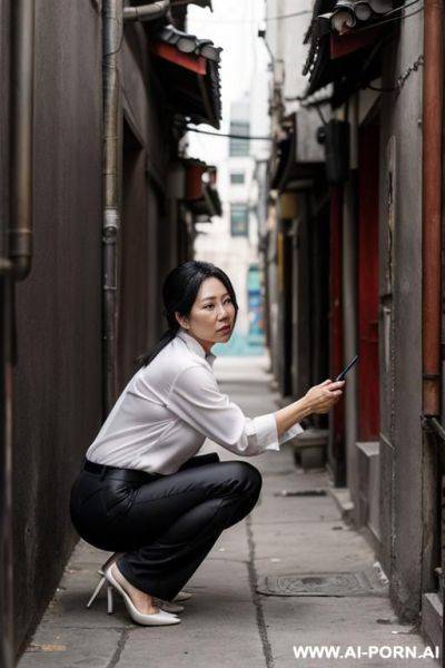 Mature crouching in alley, shirt, pants - ai-porn.ai on pornintellect.com