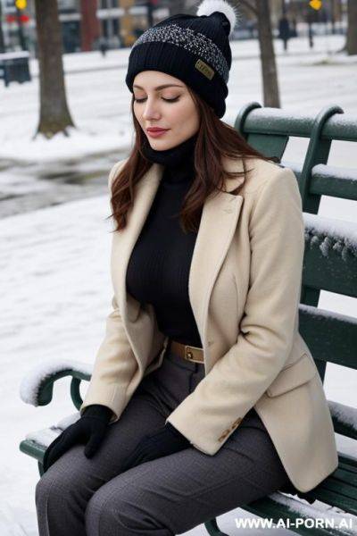 Cold sunny day, topless, winter trousers, showing boobs, winter hat, showing nipples, sitting on street bench, eyes closed - ai-porn.ai on pornintellect.com
