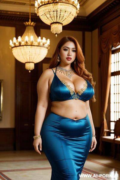 Supermodel, tight blue dress, wide square hips, extra thicc, voluptuous - ai-porn.ai on pornintellect.com