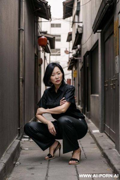 Crouching in alley, shirt, pants - ai-porn.ai on pornintellect.com