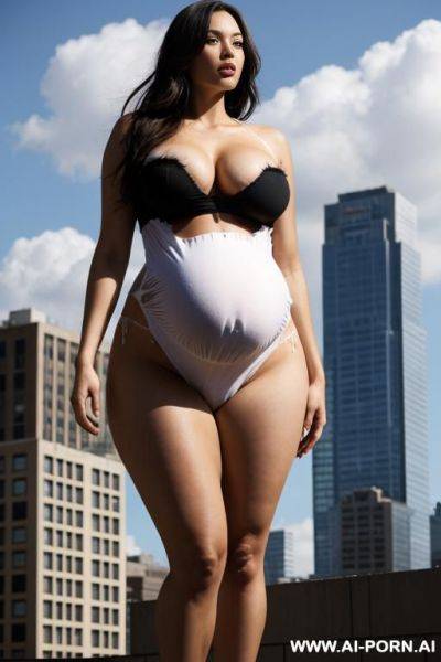 Giantess as tall as the sky. giantess has a massive pregnant belly. eating cake. giantess exploding out of a building. full body view. extremely slender tall growing giantess bursting through her - ai-porn.ai on pornintellect.com