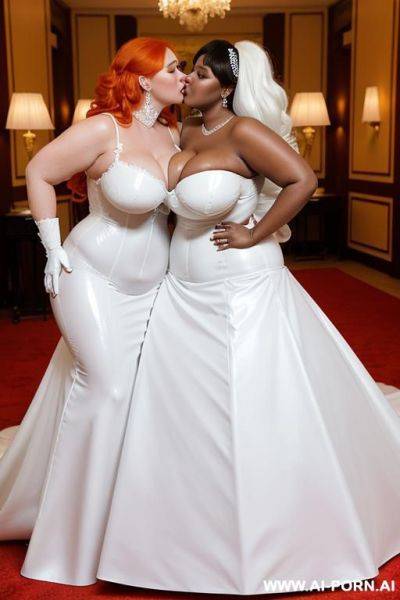A white obese fat woman with gigantic huge boobs, ginger hair, in white latex ball gown kissing a ebony obese fat woman with gigantic huge boobs, white hair, in white latex bridedress. - ai-porn.ai on pornintellect.com