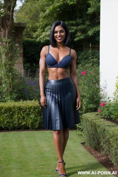 Indian, short hair, fit, abs, muscular arms, big ass, tall, long legs, navel piercing, navy blue bra, navy blue pleat skirt, looking at camera, full body, stiletto, in garden - ai-porn.ai - India on pornintellect.com