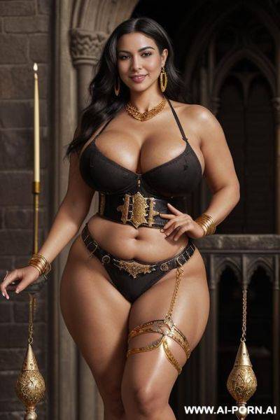 (((realistic view))) (((frontal view))) (((medieval castle))) ((beautiful milf)) (((latina))) ((perfect beautiful face)) ((sexy beautiful plump lips)) ((long thick hair)) ((black hair)) ((((curvy body, sexy - ai-porn.ai on pornintellect.com