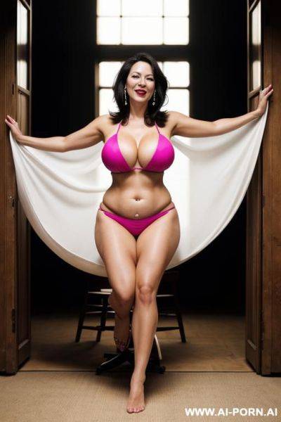A woman is wearing bag costume. she has a round belly. her breasts are stretching the fabric of the bikini and her nipples are big. - ai-porn.ai on pornintellect.com