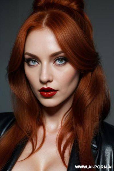 (long wavy hair) (ginger hair) (makeup) (smokey eyes) (red lips) (ideal facial ratios) (see-through top) (emo) (athletic body) (large tattoo) (natural boobs) (erotic) (aroused) (flirty) (dominant) (bdms) - ai-porn.ai on pornintellect.com
