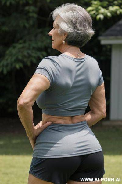 Back view, 0 year old grandmother, full body, standing, short gray hair, lady, clearly visible age marks, triangular hips, thick thighs, wearing a blue soccer t-shirt, black shorts, playing football with other grandmothers outdoors - ai-porn.ai on pornintellect.com