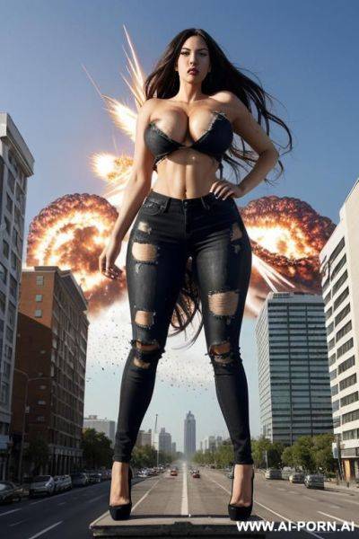 Giantess as tall as the sky. giantess exploding out of a building. full body view. extremely tall growing giantess bursting through her ripped to shreds shrunken clothes that are too tight. - ai-porn.ai on pornintellect.com