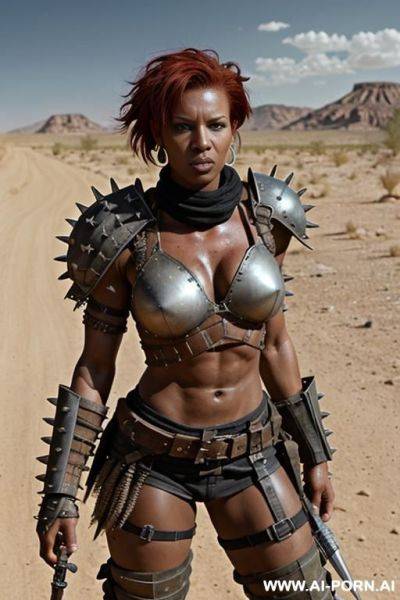 Soldier on a desert battlefield. muscular body with toned abs. shorty, spiky punk hair. sweat and grime on body. armoured shoulder pads. armoured legs. holding crossbow in hand. fallout raider. mad max. black woman. - ai-porn.ai on pornintellect.com