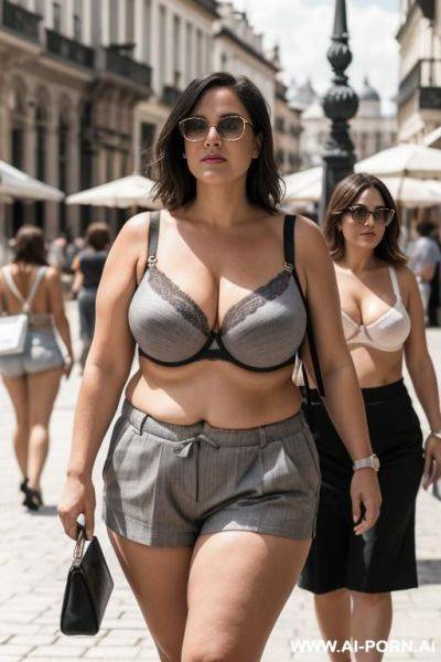 Chubby mother and woman walking in the square wearing gray shorts and bra - ai-porn.ai on pornintellect.com