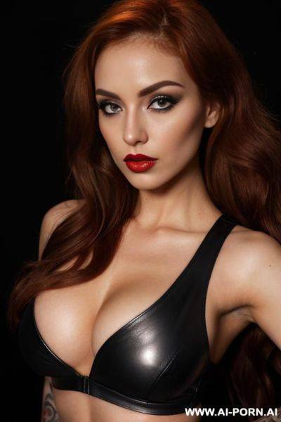 (long wavy ginger hair) (makeup) (smokey eyes) (red lips) (ideal facial ratios) (((emo))) (athletic body) (large tattoo) (natural boobs) (erotic) (aroused) (flirty) (dominant) (look into camera) (deep of field) (low light) (black dark background) - ai-porn.ai on pornintellect.com