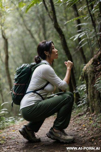 Hiker squatting in underbrush, outdoor-clothes, pants, side-view - ai-porn.ai on pornintellect.com