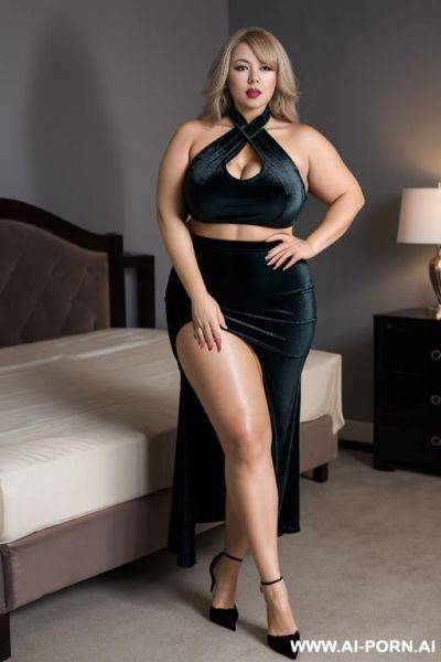 Old mature in velvet tigh heels and velvet split skirt and velvet croptop and milf bbw in velvet halter dress - ai-porn.ai on pornintellect.com
