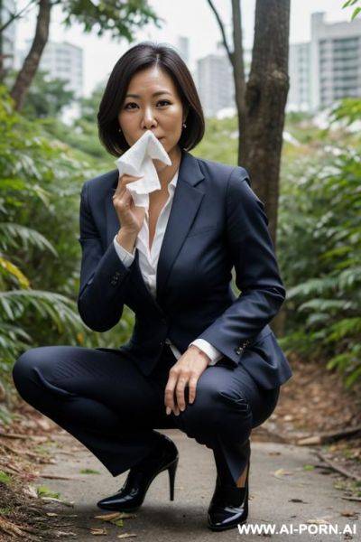 Squatting in underbrush business clothes, pants, trash, holding tissues - ai-porn.ai on pornintellect.com