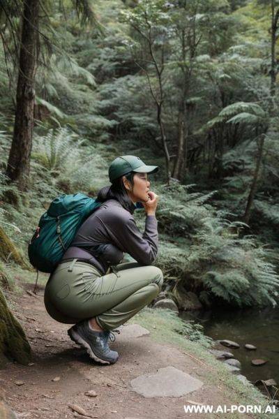 Hiker squatting down in nature , pants, outdoor-clothes, side-view - ai-porn.ai on pornintellect.com