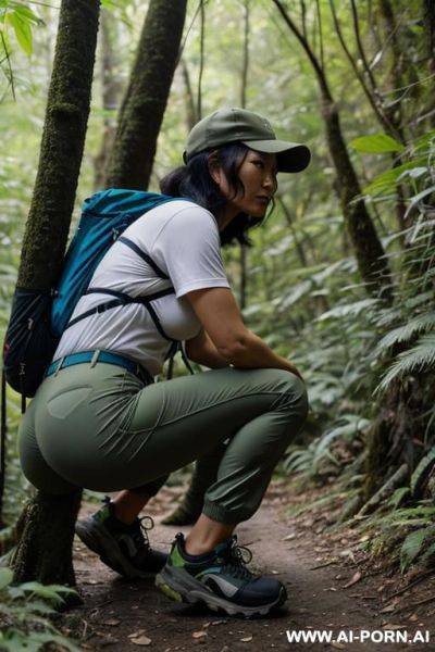 Hiker crouching in underbrush, pants, outdoor-clothes, side-view, view down - ai-porn.ai on pornintellect.com