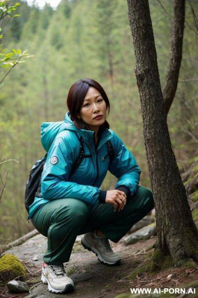Crouching in wilderness, outdoor-clothes, pants, legs apart, - ai-porn.ai on pornintellect.com